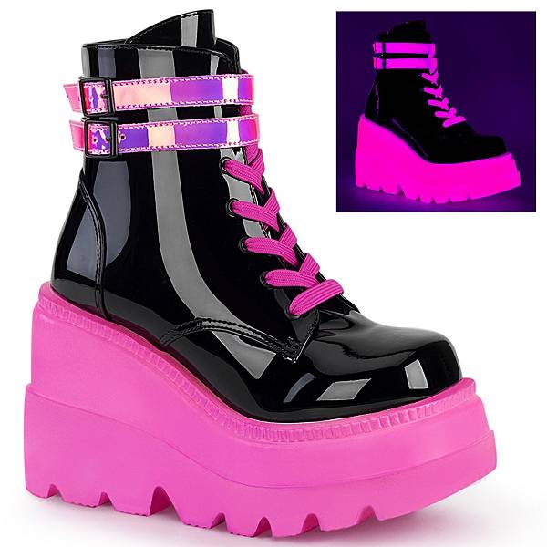 Demonia Shaker-52 Black Patent/UV Neon Pink Stiefel Herren D392-165 Gothic Plateaustiefel Schwarz/Pink Deutschland SALE